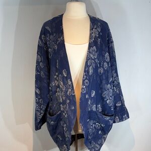 VTG Jean Claude Poitras Denim Floral Jacket 100% Cotton Wide Sleeve 44 (US12-14)